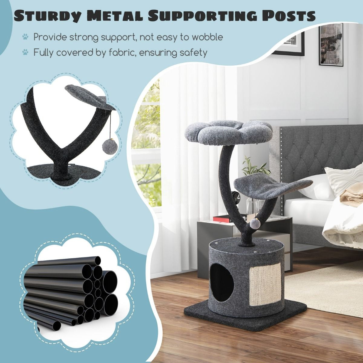 3-Tier Cat Tower for Indoor Cats with Sisal Covered Scratching Board