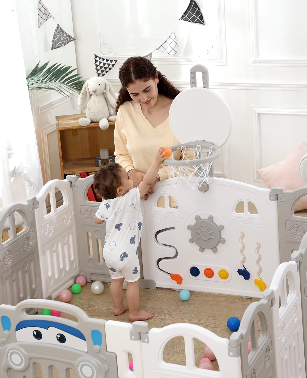 UBRAVOO Foldable Baby Playpen with Basketball Hoop & 50Pcs Coloured Pit Balls, Toddler and Baby Play Pen Fence, 14-Panel