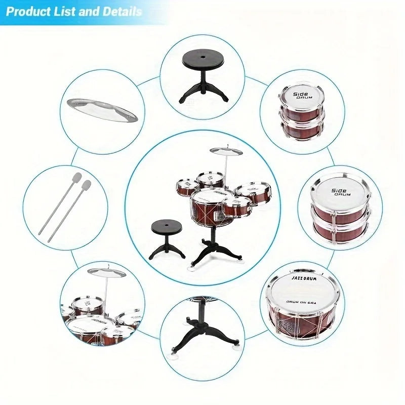 Kids musical Drum Set with Stool, 2 Drum Sticks, Cymbal and 5 Drums Musical Instruments