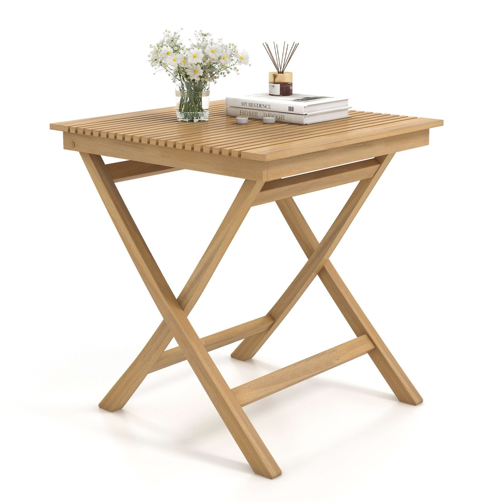 70 Cm Patio Bistro Table with Slatted Tabletop Sturdy Wood Frame