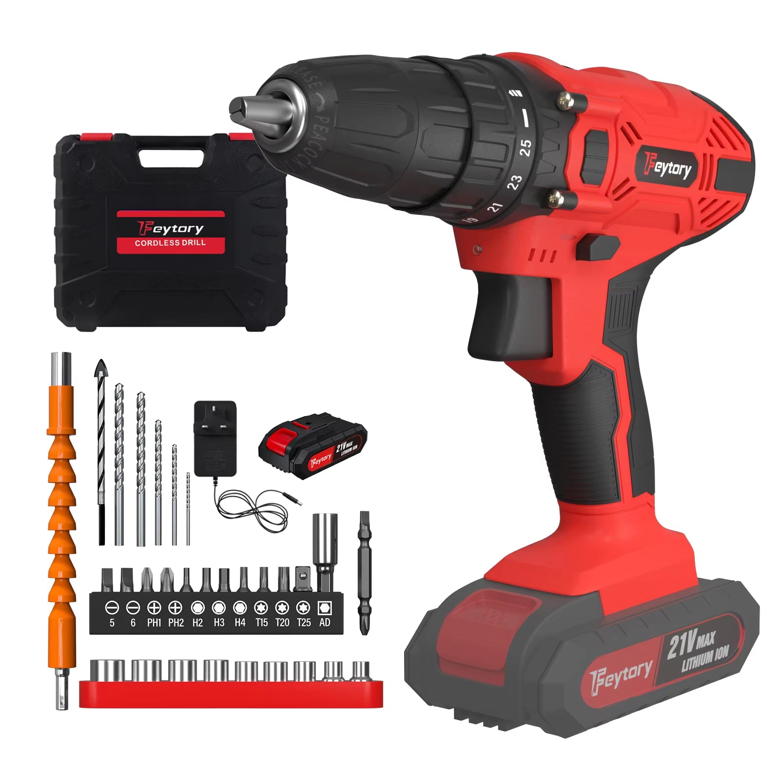 21V Cordless Power Drill Driver with 1500Mah Battery, 25+1 Torque 45Nm Screwdriver Kit Combi Drill 3/8"