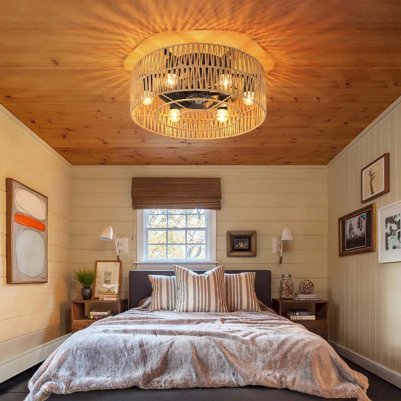 Socher 8 - Blade 48.5Cm Boho Rattan Caged Ceiling Fan with Light Kit and Remote Control