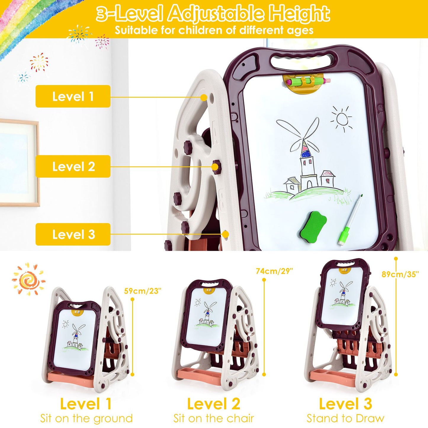 3-In-1 Kids Art Easel with Bookshelf Storage Tray and Art Accessories