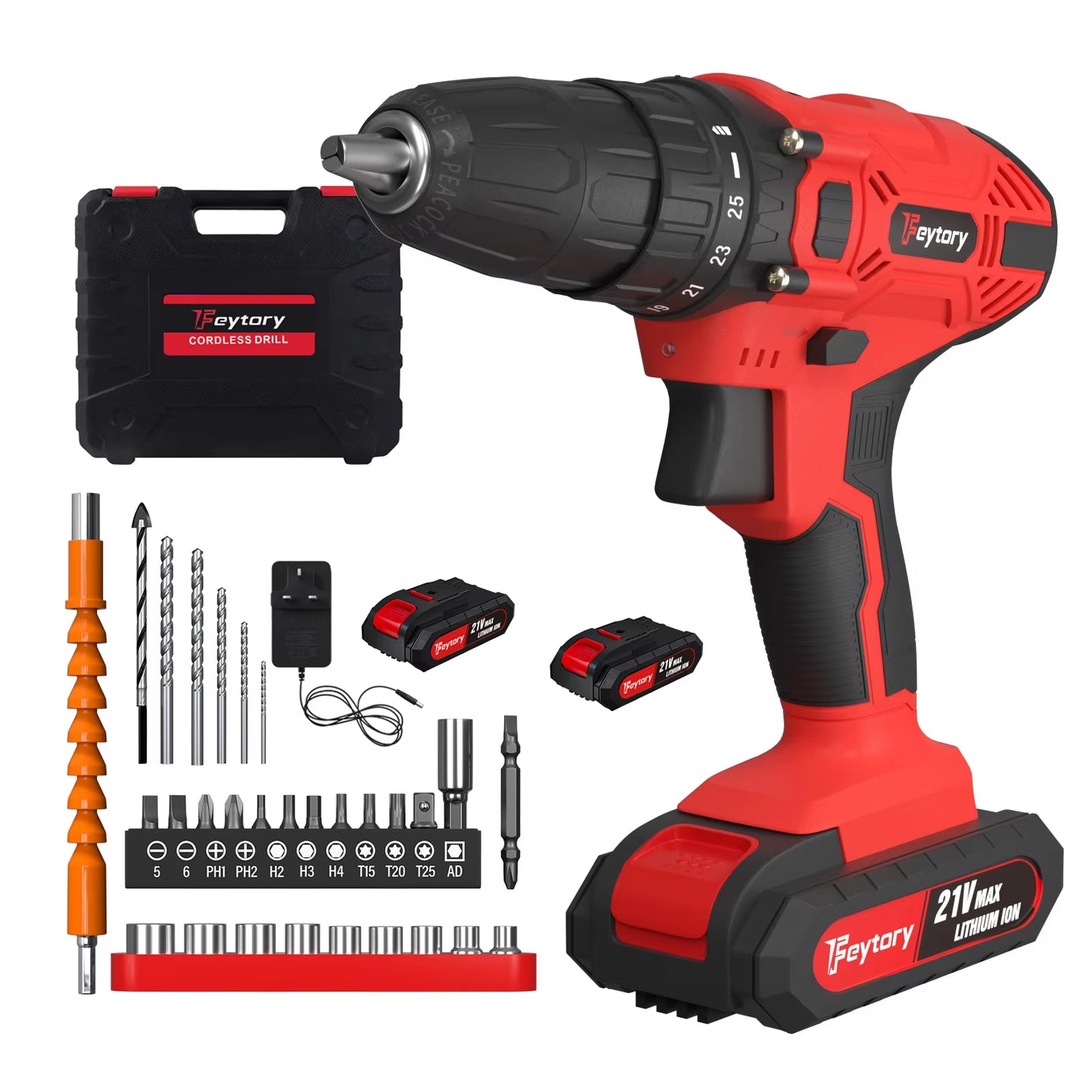 21V Cordless Power Drill Driver with 1500Mah Battery, 25+1 Torque 45Nm Screwdriver Kit Combi Drill 3/8"