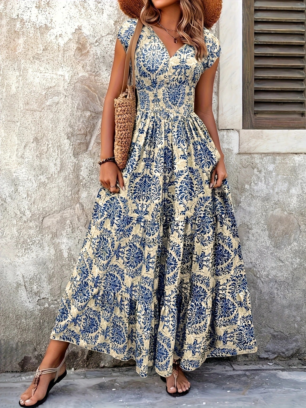 Printed V-neck Waist-tight Long Dress