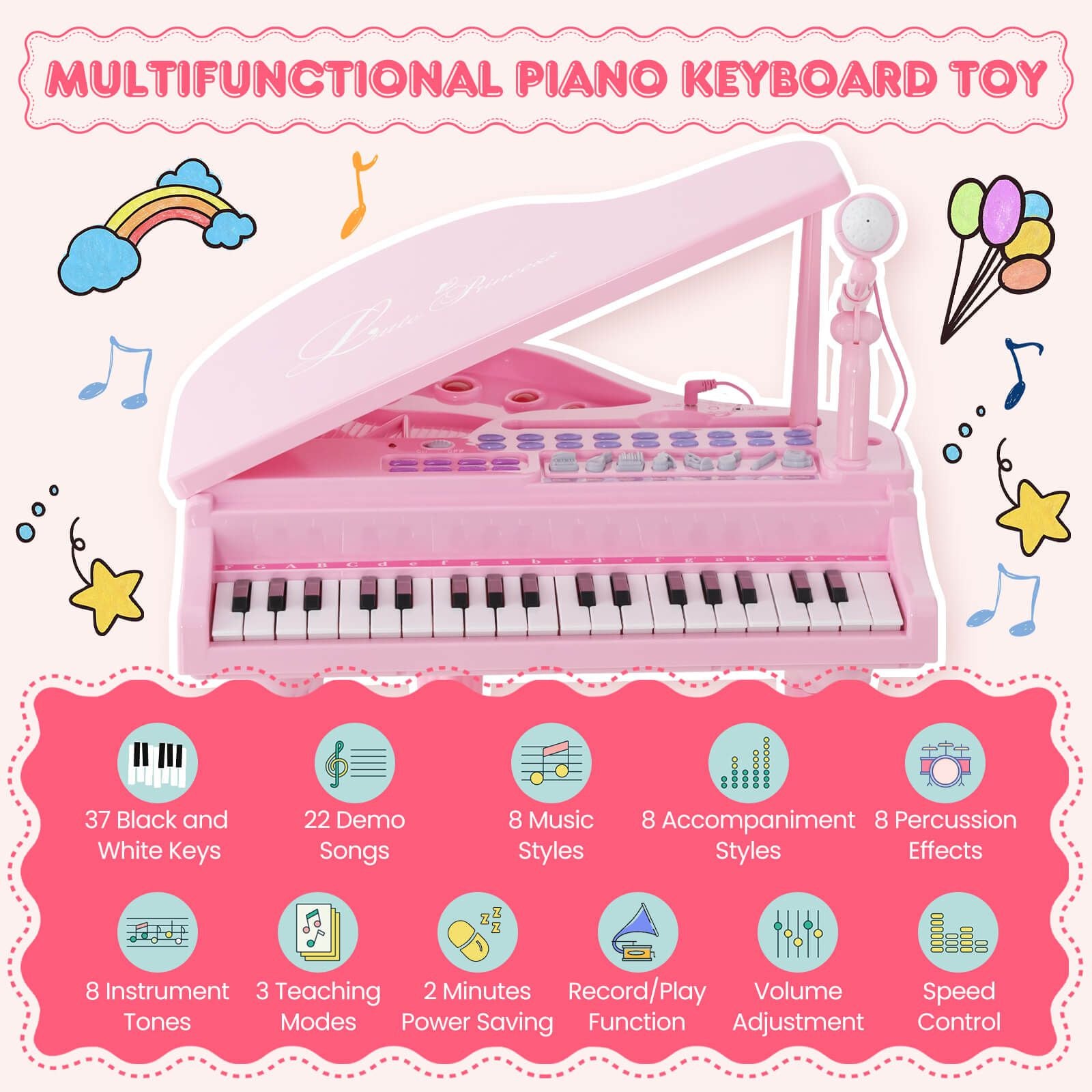 37-Key Kids Piano Keyboards with Microphone and Teaching Mode