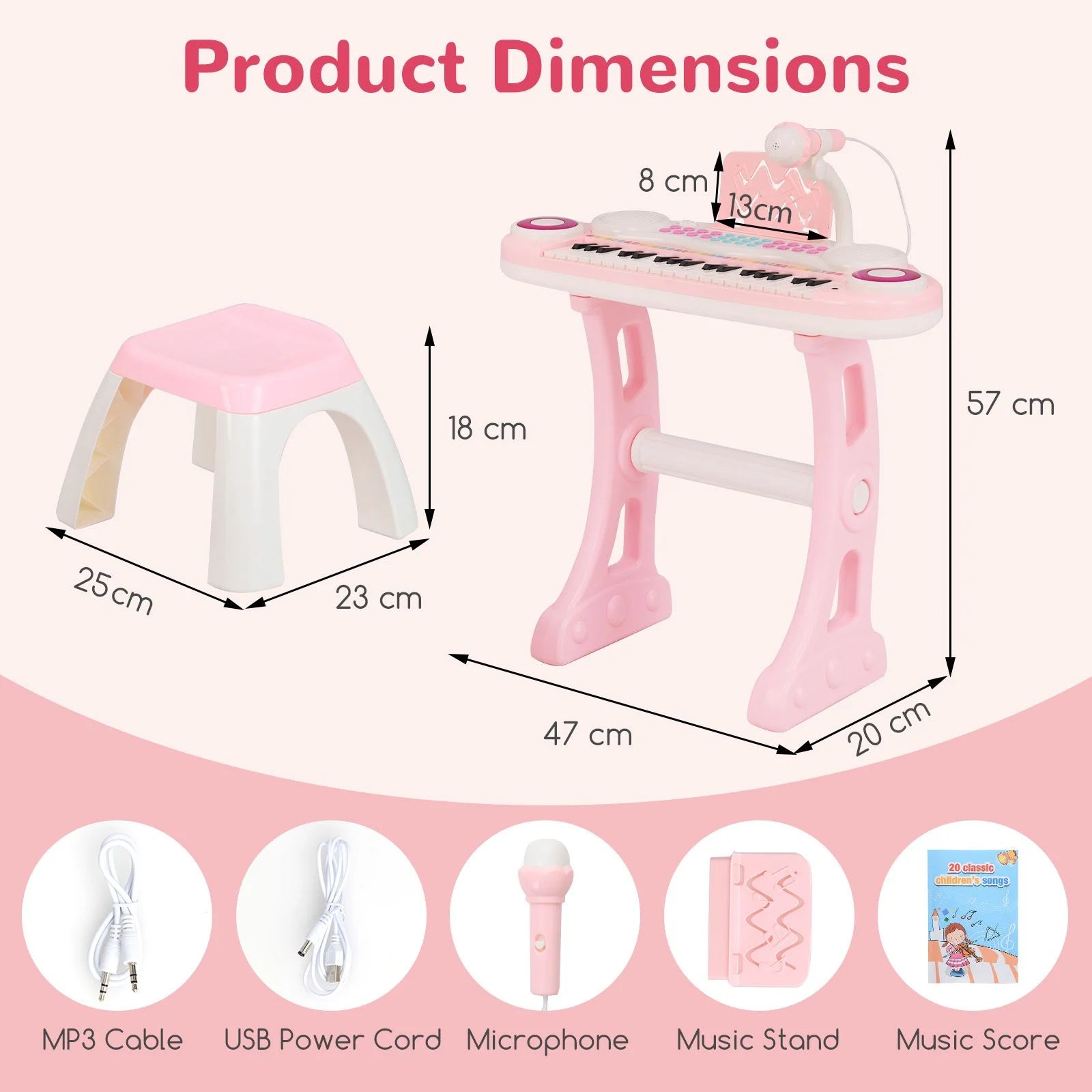 37 Keys Electronic Kids Piano Toy with Detachable Legs and Stool