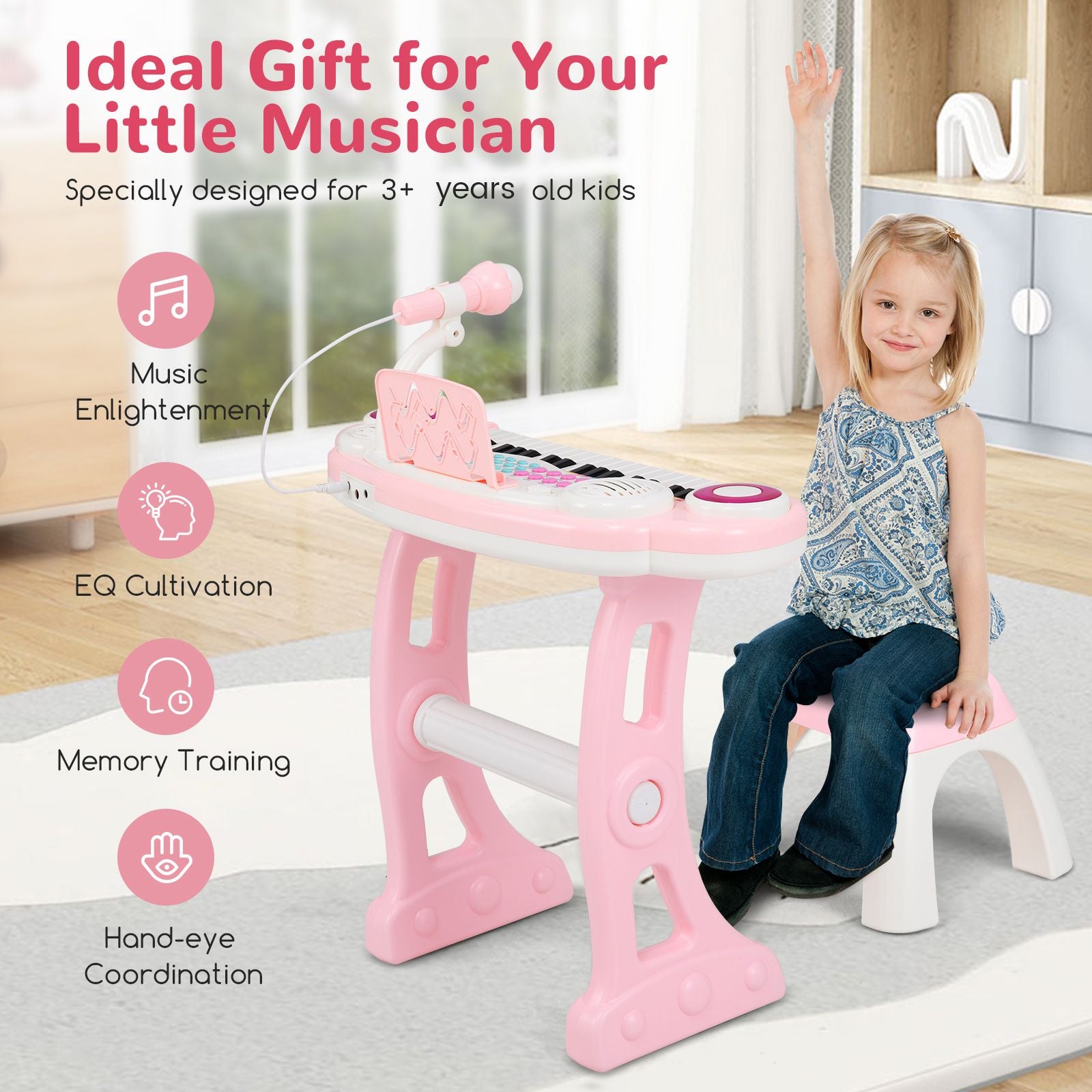 37 Keys Electronic Kids Piano Toy with Detachable Legs and Stool