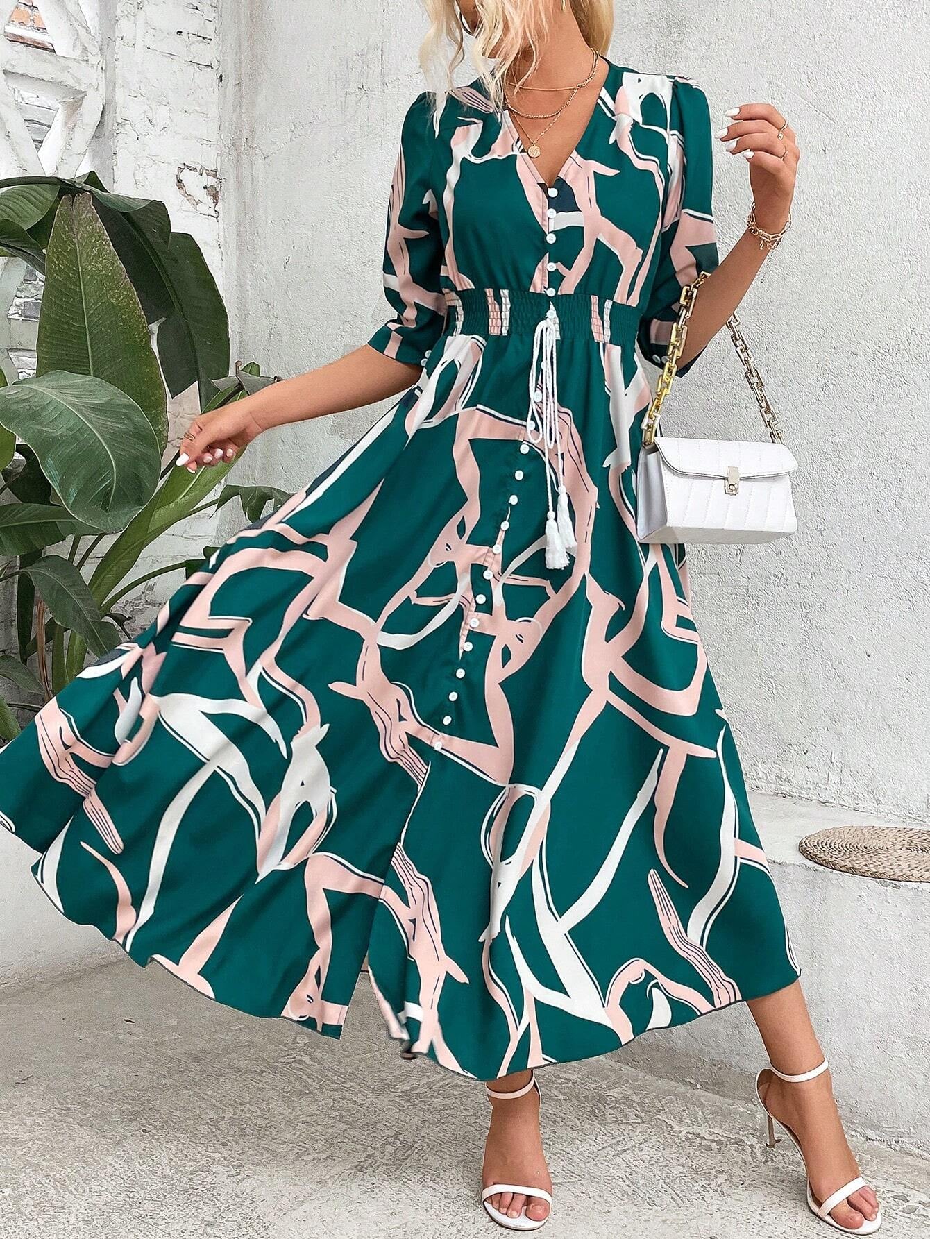 SHEIN Clasi Shirred Waist Button through Floral Maxi Dress