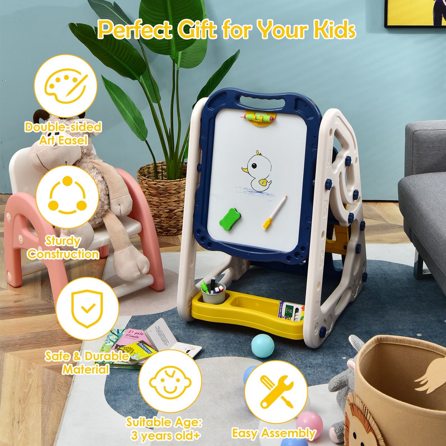 3-In-1 Kids Art Easel with Bookshelf Storage Tray and Art Accessories