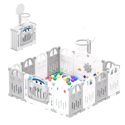 UBRAVOO Foldable Baby Playpen with Basketball Hoop & 50Pcs Coloured Pit Balls, Toddler and Baby Play Pen Fence, 14-Panel