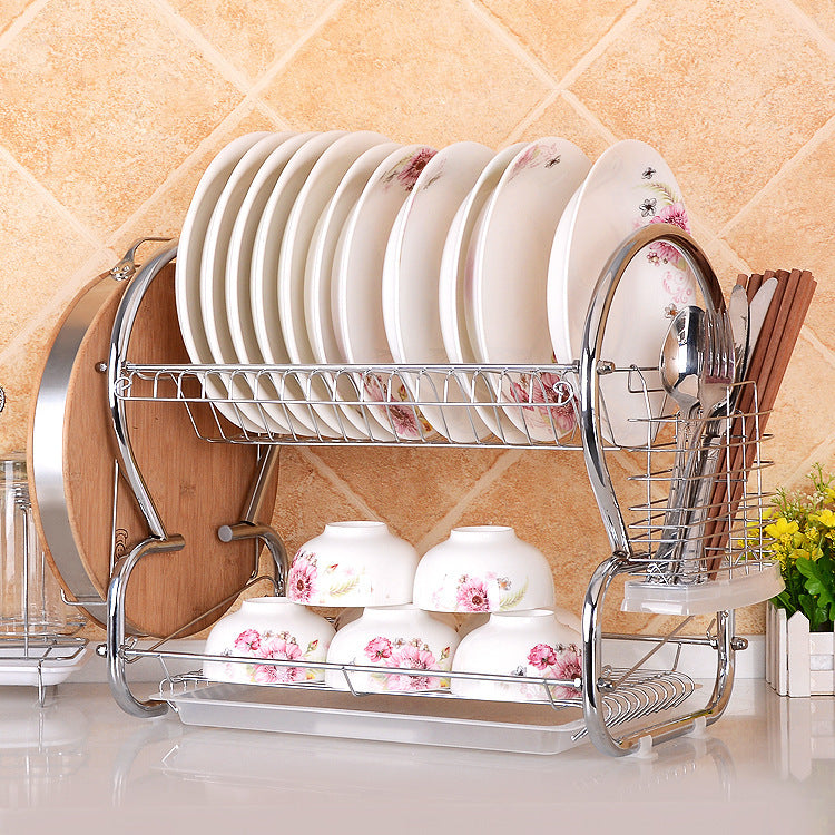 On Behalf Of The Kitchen Tableware Draining Plate Rack Double Stainless Material Storage Racks Dishes