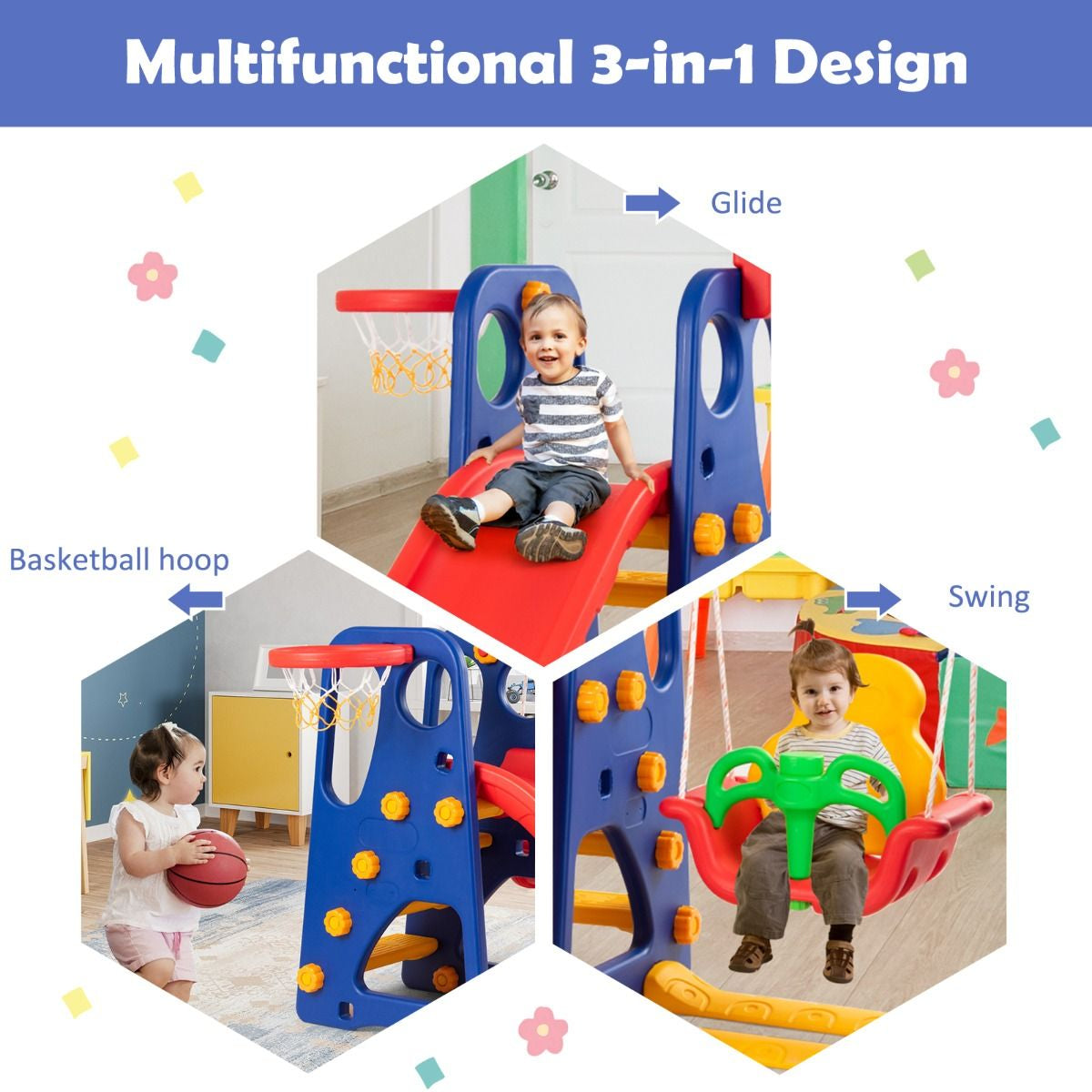 3 in 1 Toddler Slide and Swing Set with Basketball Hoop