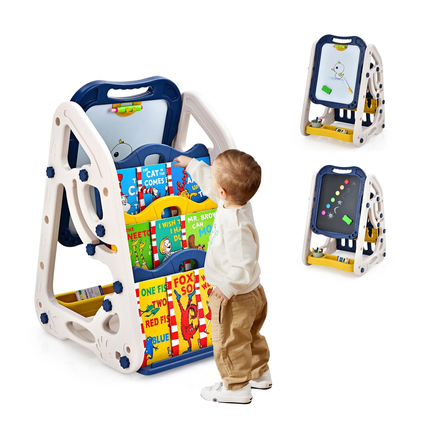 3-In-1 Kids Art Easel with Bookshelf Storage Tray and Art Accessories