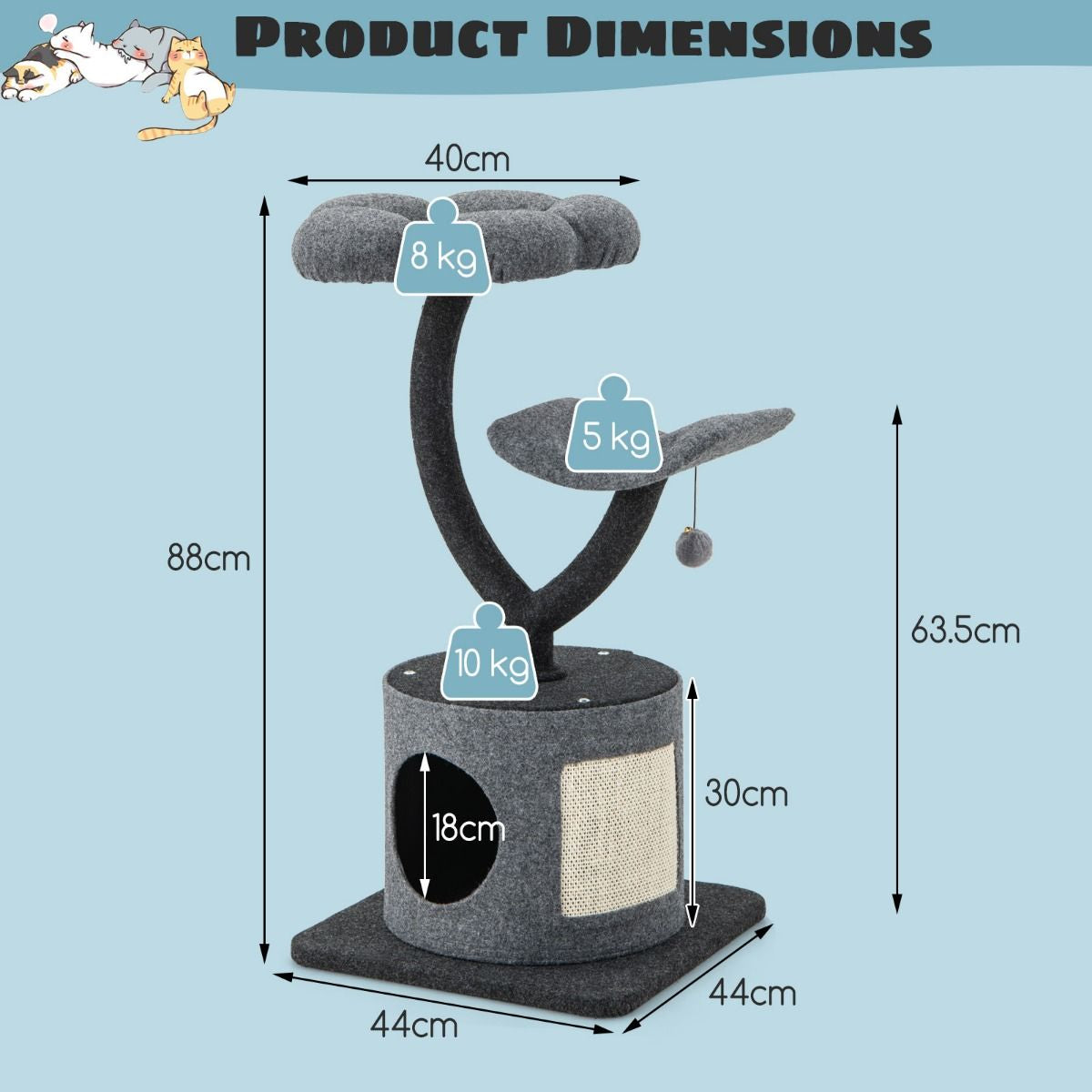 3-Tier Cat Tower for Indoor Cats with Sisal Covered Scratching Board