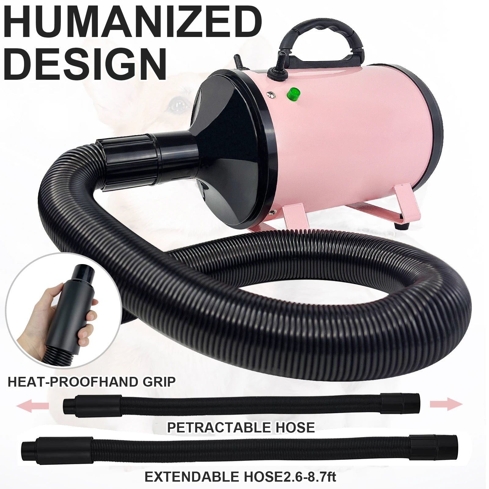 Dog Hair Dryer Professional 2800W Low Noise with 3 Nozzles & Extendable Hose Animal Hairdryer Grooming Blaster