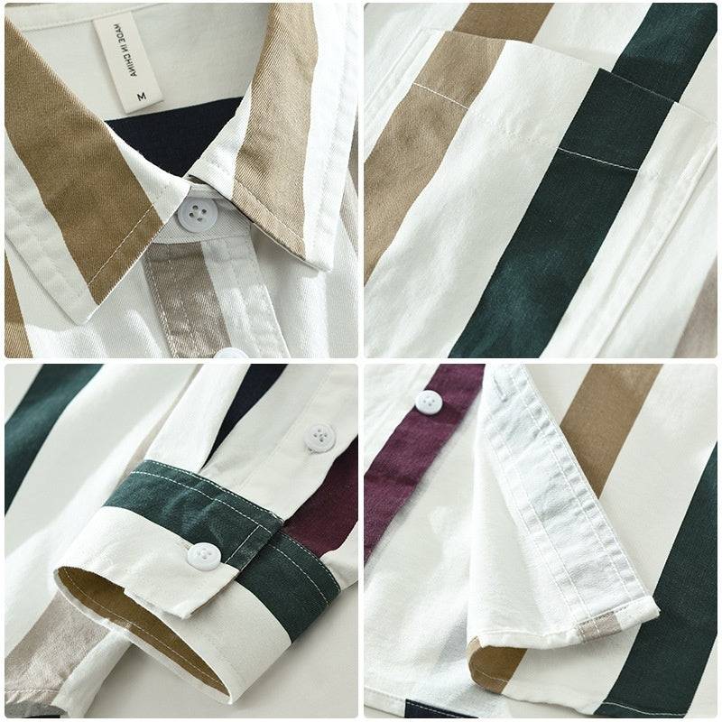 Striped Long Sleeve Shirt Men's Versatile Leisure Artistic Loose Square Collar Top