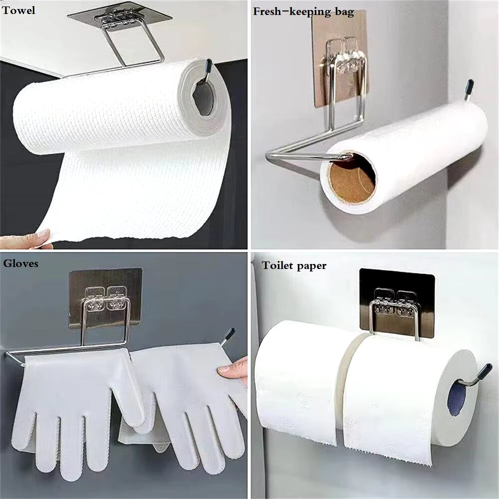 2PCS Adhesive Kitchen Paper Towel Holder Toilet Paper Rack Towel Hanger Tissue Dispenser Roll Napkin