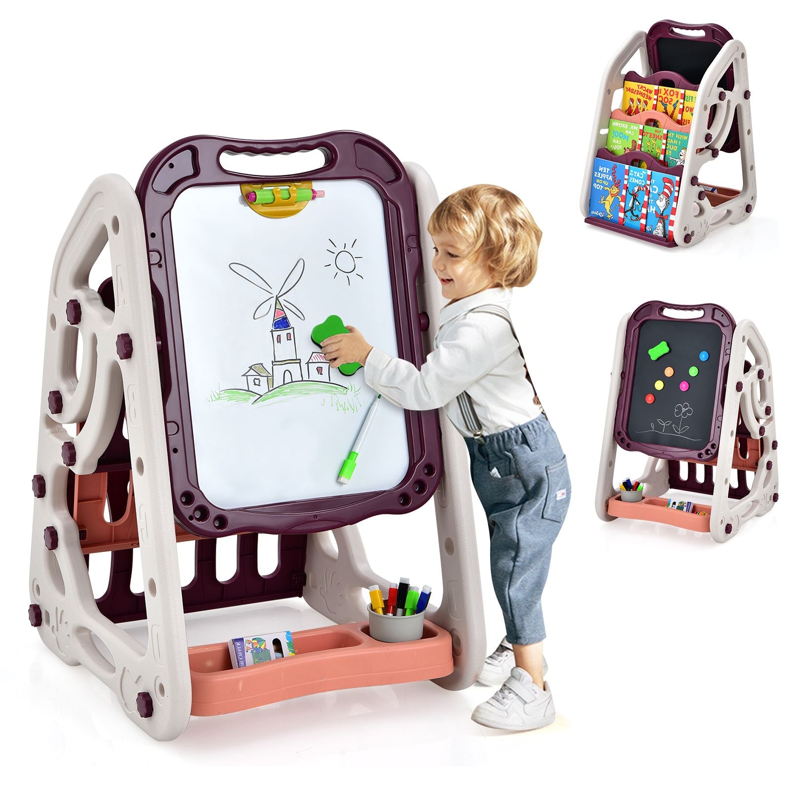 3-In-1 Kids Art Easel with Bookshelf Storage Tray and Art Accessories