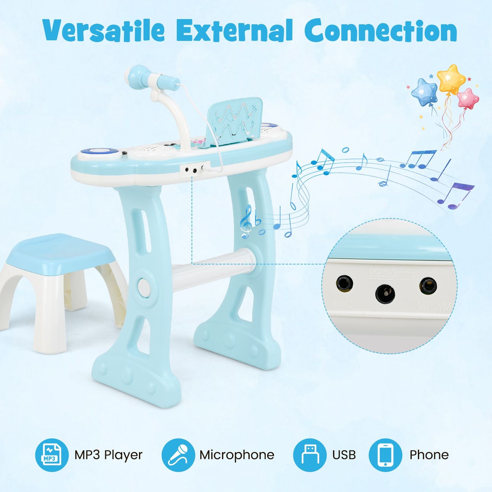 37 Keys Electronic Kids Piano Toy with Detachable Legs and Stool