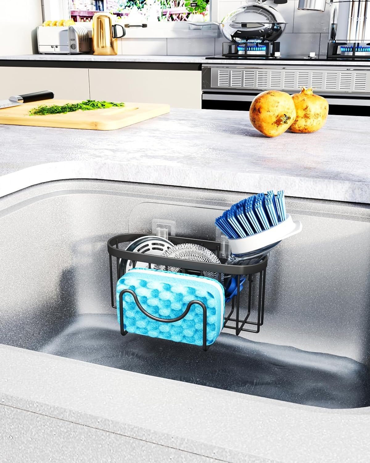 Stainless Steel Sponge Holder for Kitchen Sink, M-Shaped Tidy Storage No Drilling, Rustproof Caddy Organiser for Sponge Brush Stopper, with 2 Adhesives