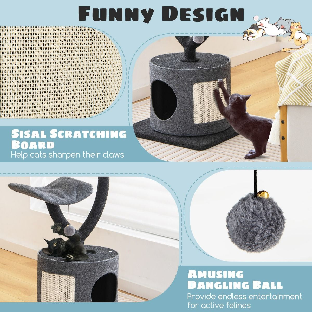 3-Tier Cat Tower for Indoor Cats with Sisal Covered Scratching Board