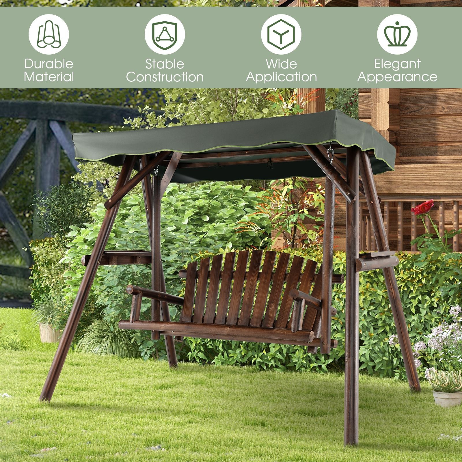 2-Person Wooden Garden Swing Chair with Adjustable Canopy and Side Trays