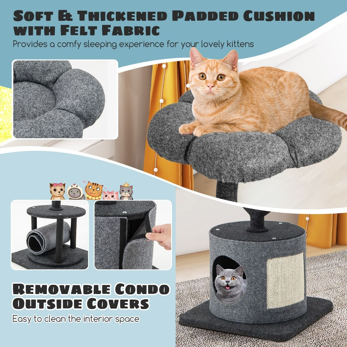 3-Tier Cat Tower for Indoor Cats with Sisal Covered Scratching Board