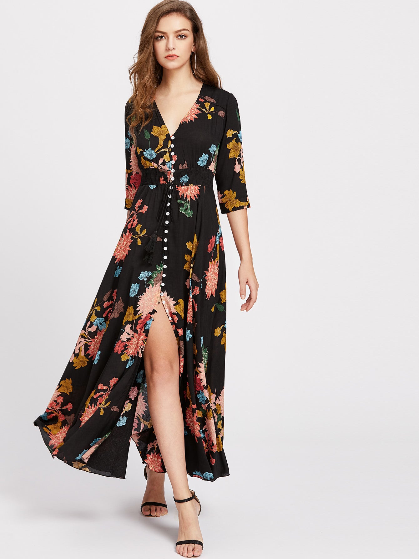 SHEIN Clasi Shirred Waist Button through Floral Maxi Dress