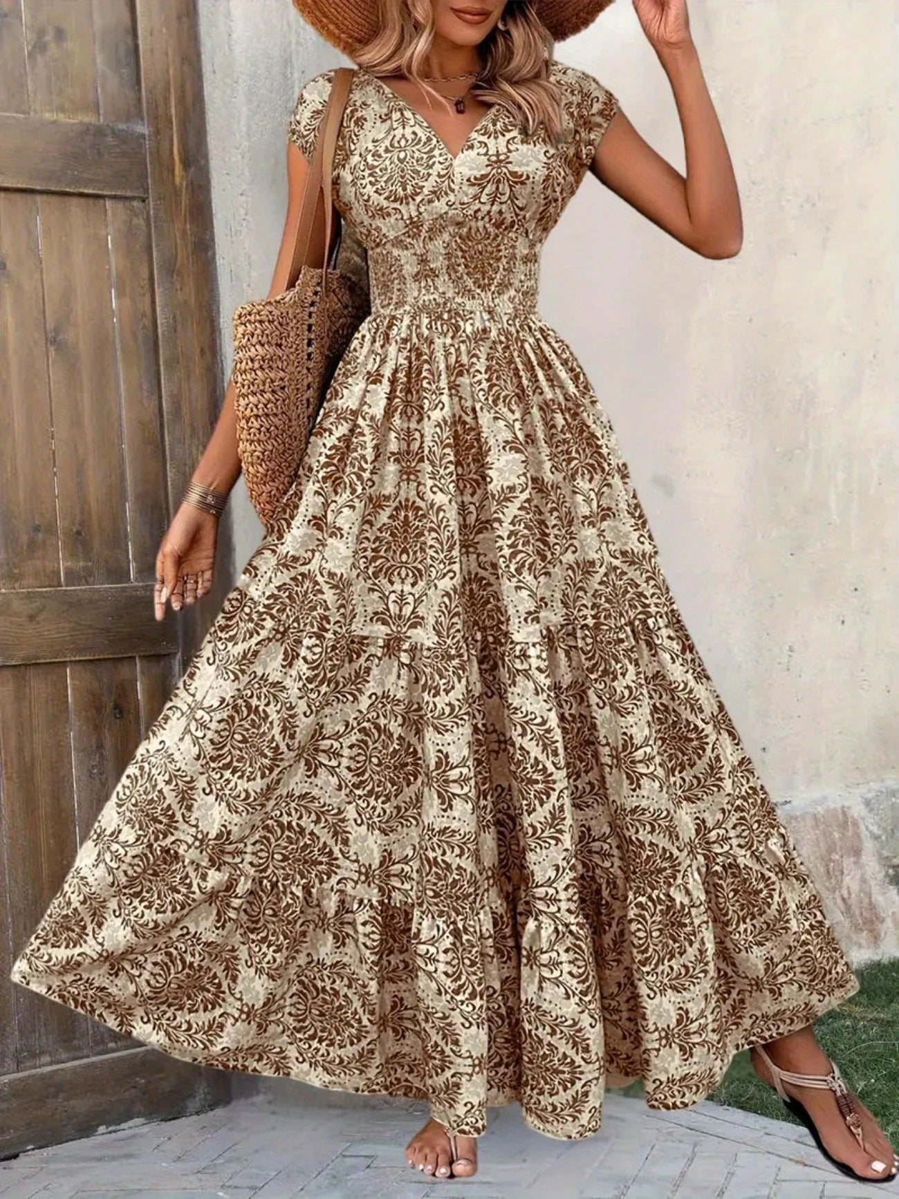 Printed V-neck Waist-tight Long Dress