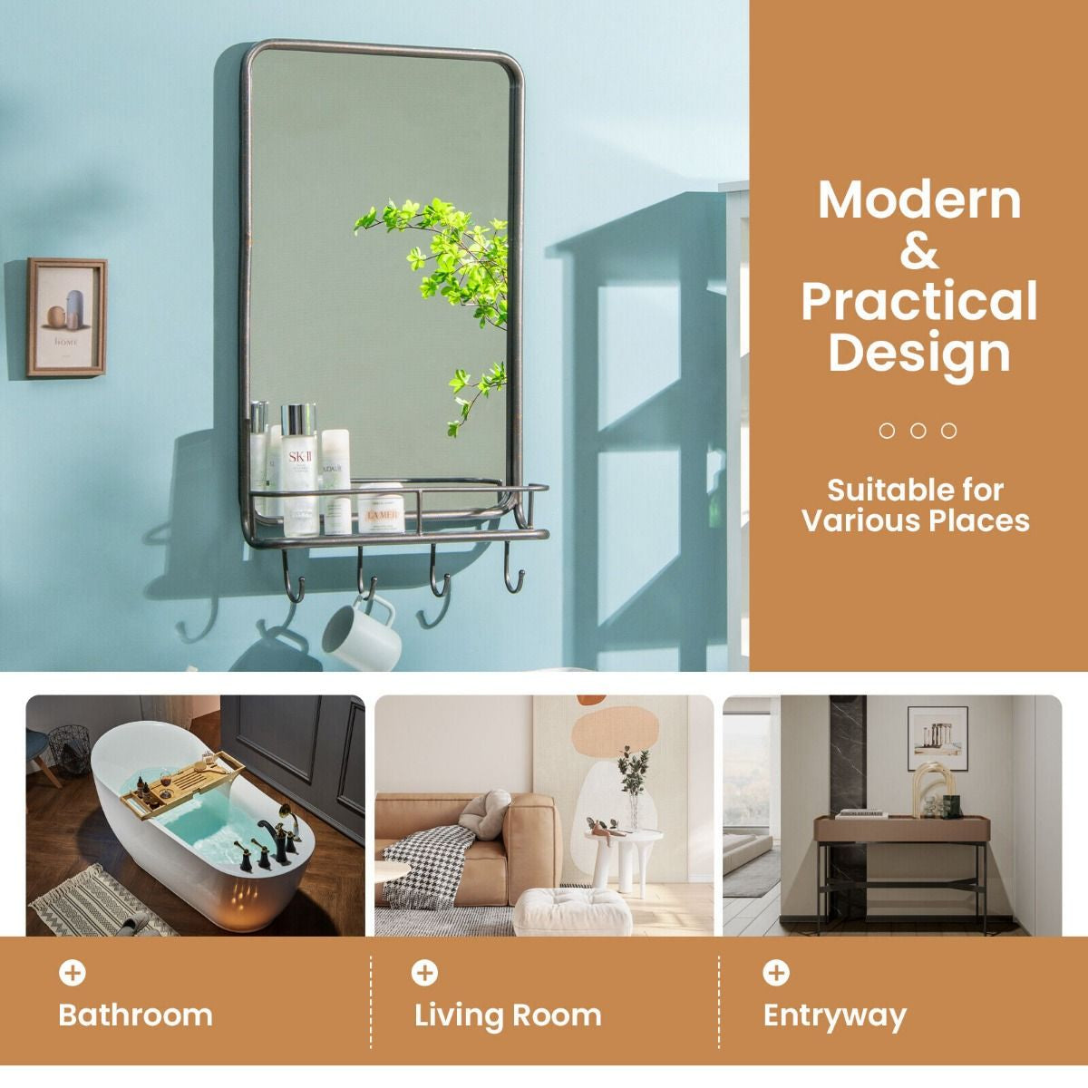 Wall-Mounted Rectangular Bathroom Mirror with Storage Shelf and Hooks