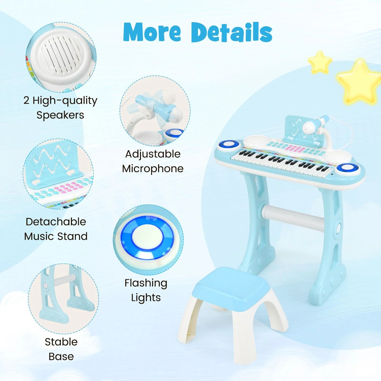 37 Keys Electronic Kids Piano Toy with Detachable Legs and Stool