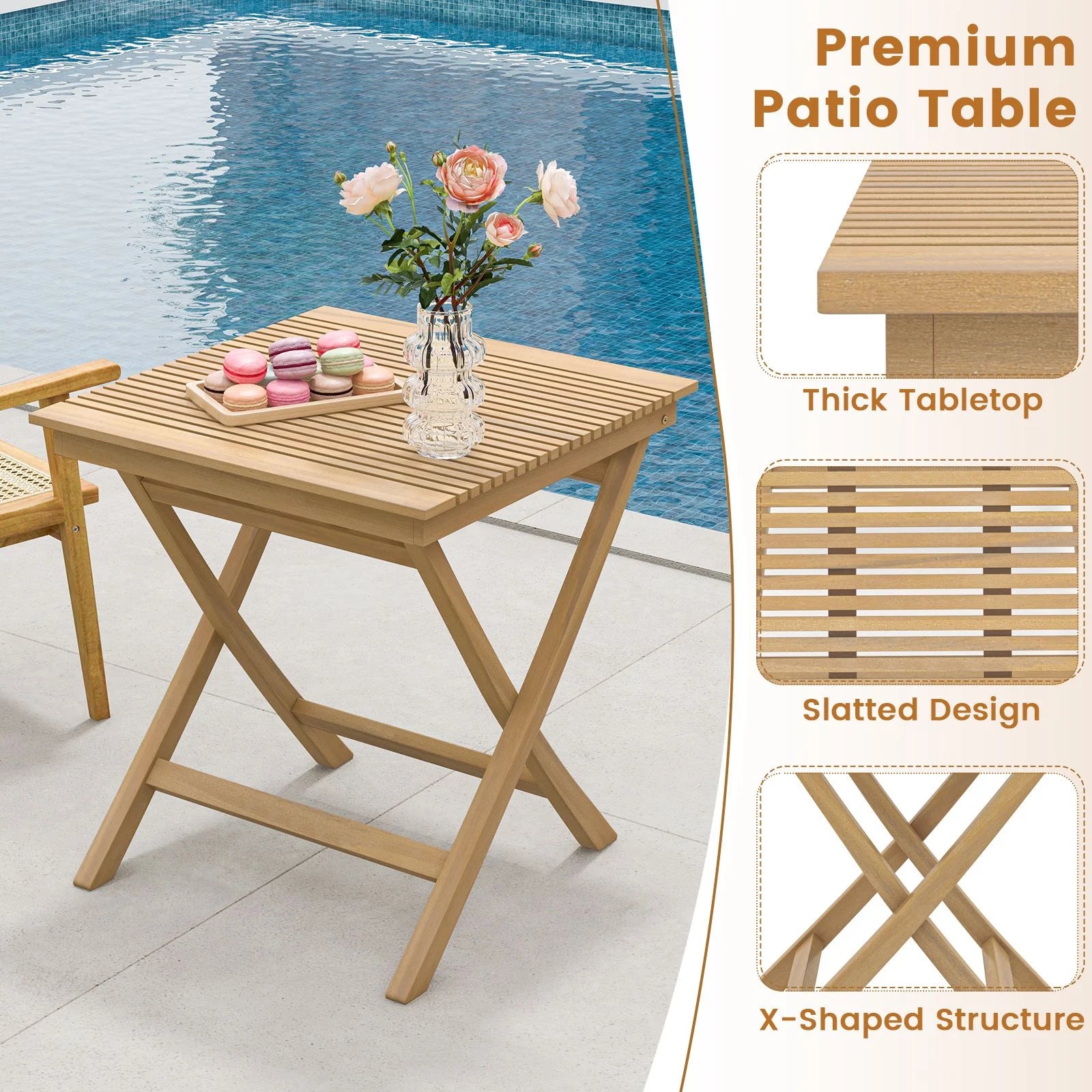 70 Cm Patio Bistro Table with Slatted Tabletop Sturdy Wood Frame