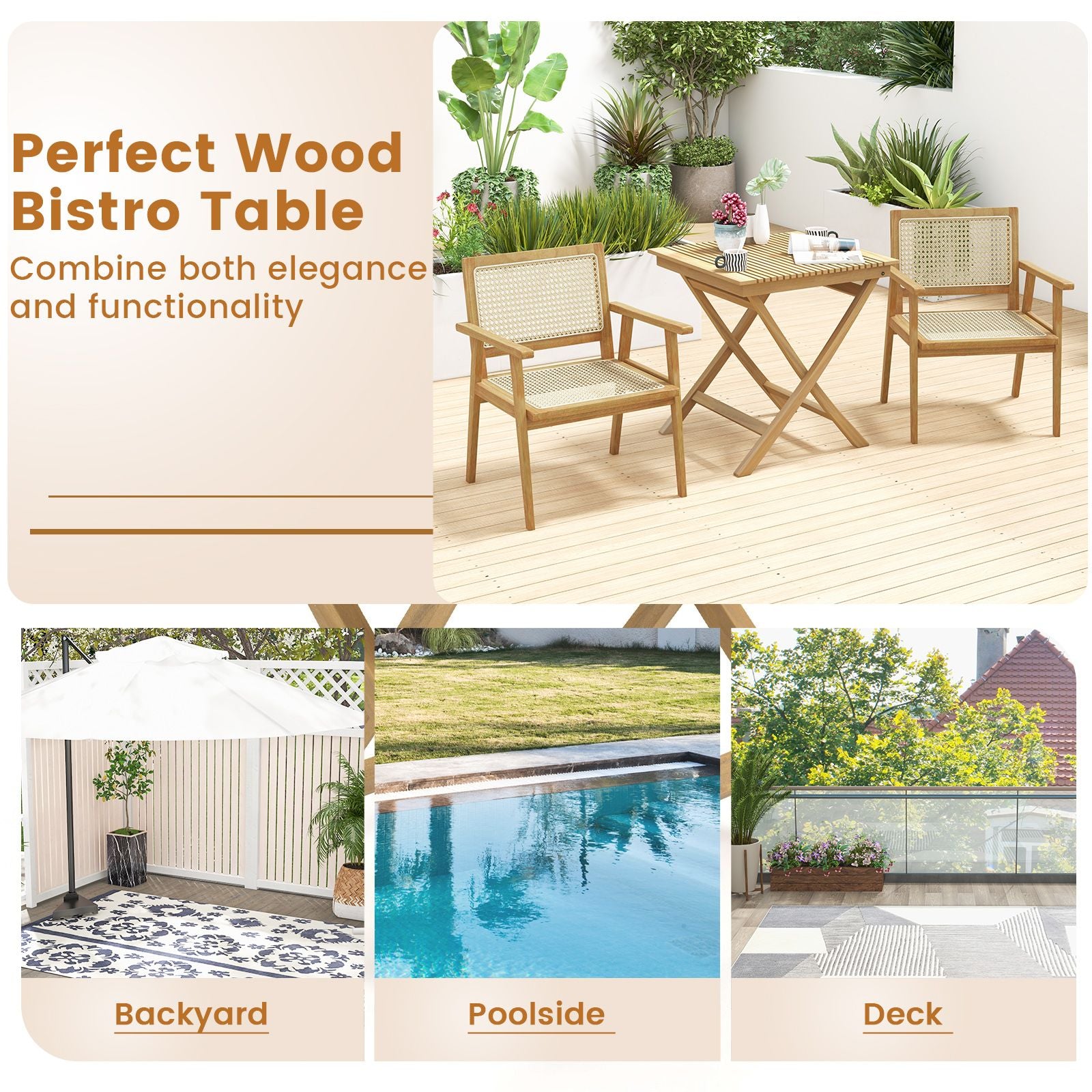 70 Cm Patio Bistro Table with Slatted Tabletop Sturdy Wood Frame