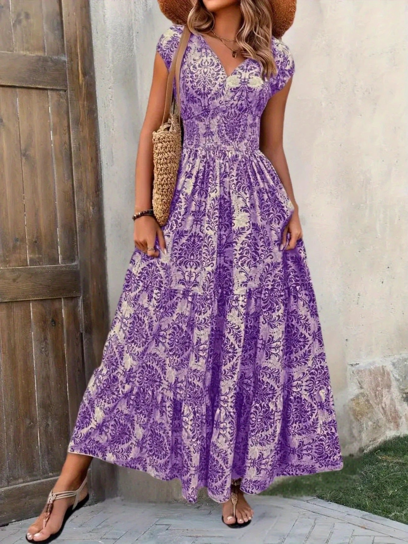 Printed V-neck Waist-tight Long Dress
