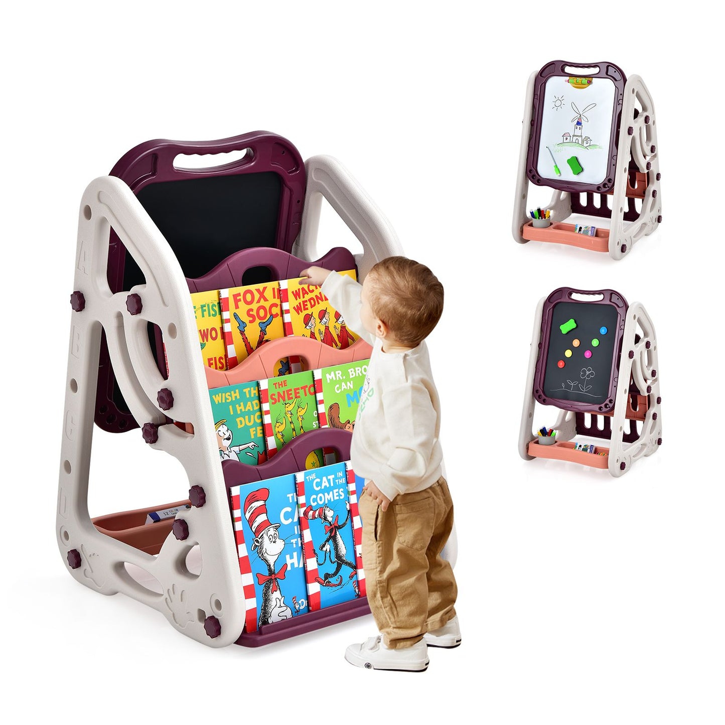 3-In-1 Kids Art Easel with Bookshelf Storage Tray and Art Accessories