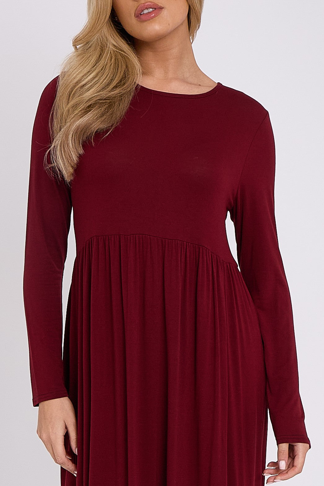 Wine Long Sleeve Gathered Waist Dress-4