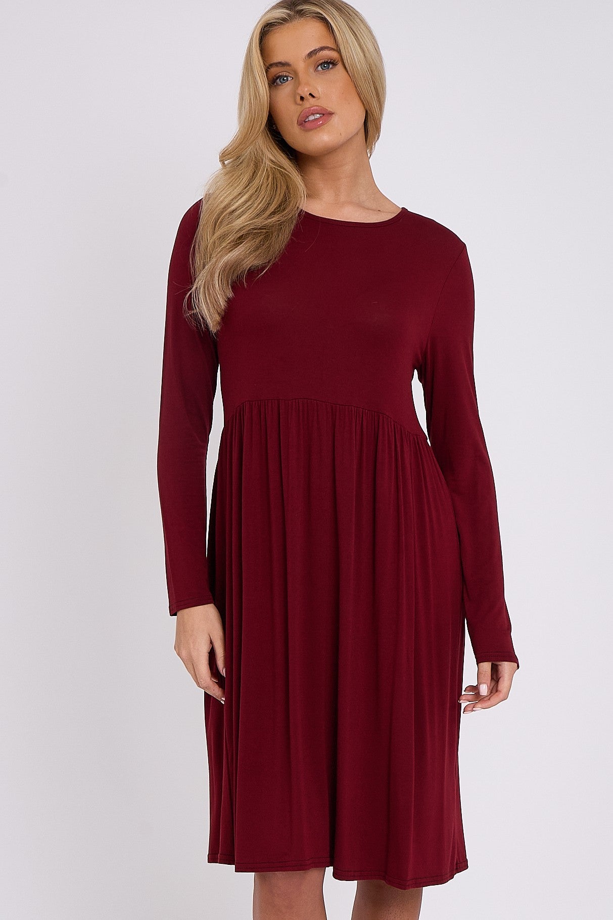 Wine Long Sleeve Gathered Waist Dress-0