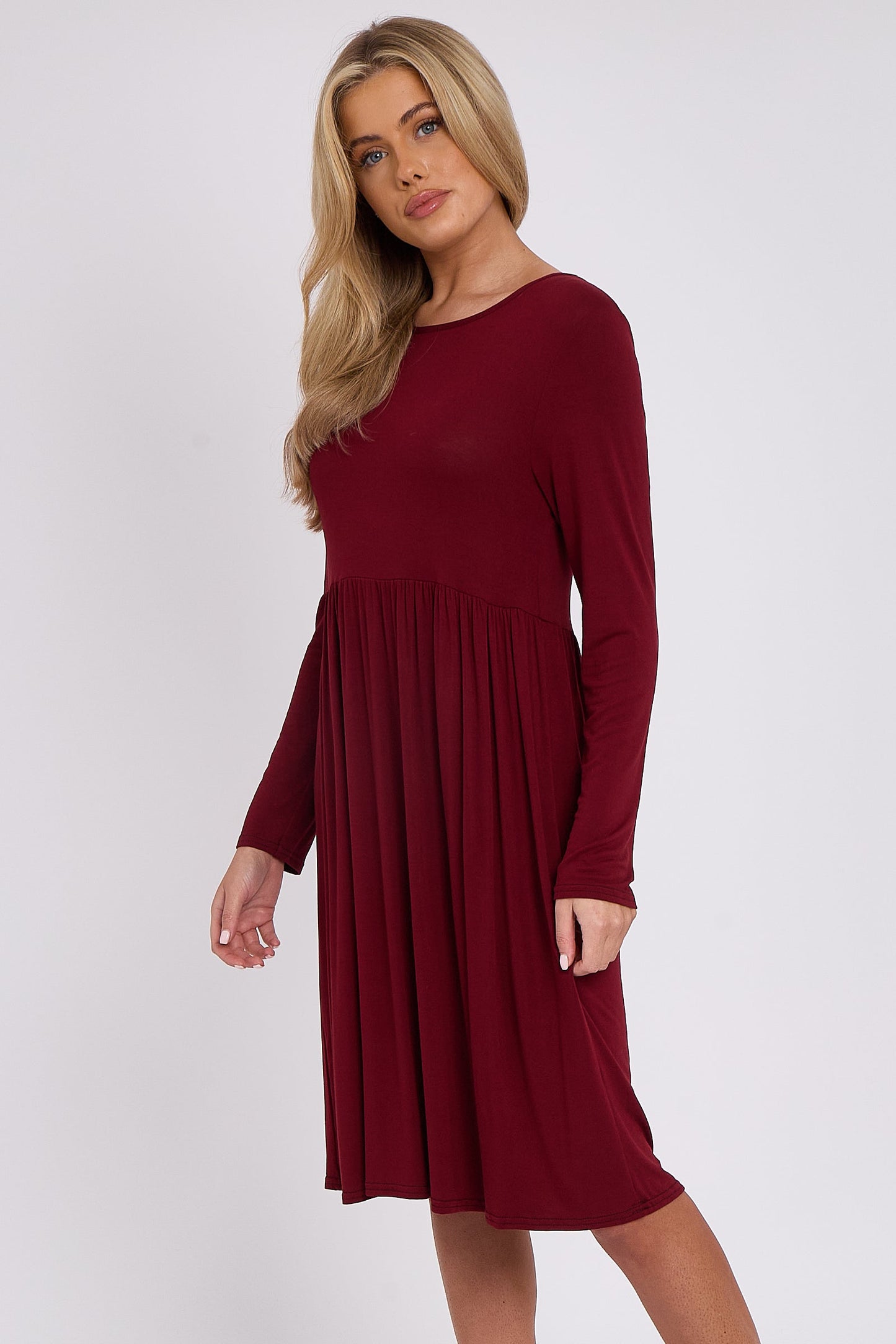 Wine Long Sleeve Gathered Waist Dress-2