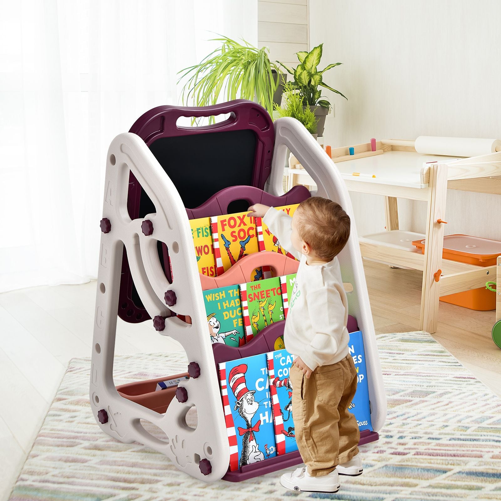 3-In-1 Kids Art Easel with Bookshelf Storage Tray and Art Accessories