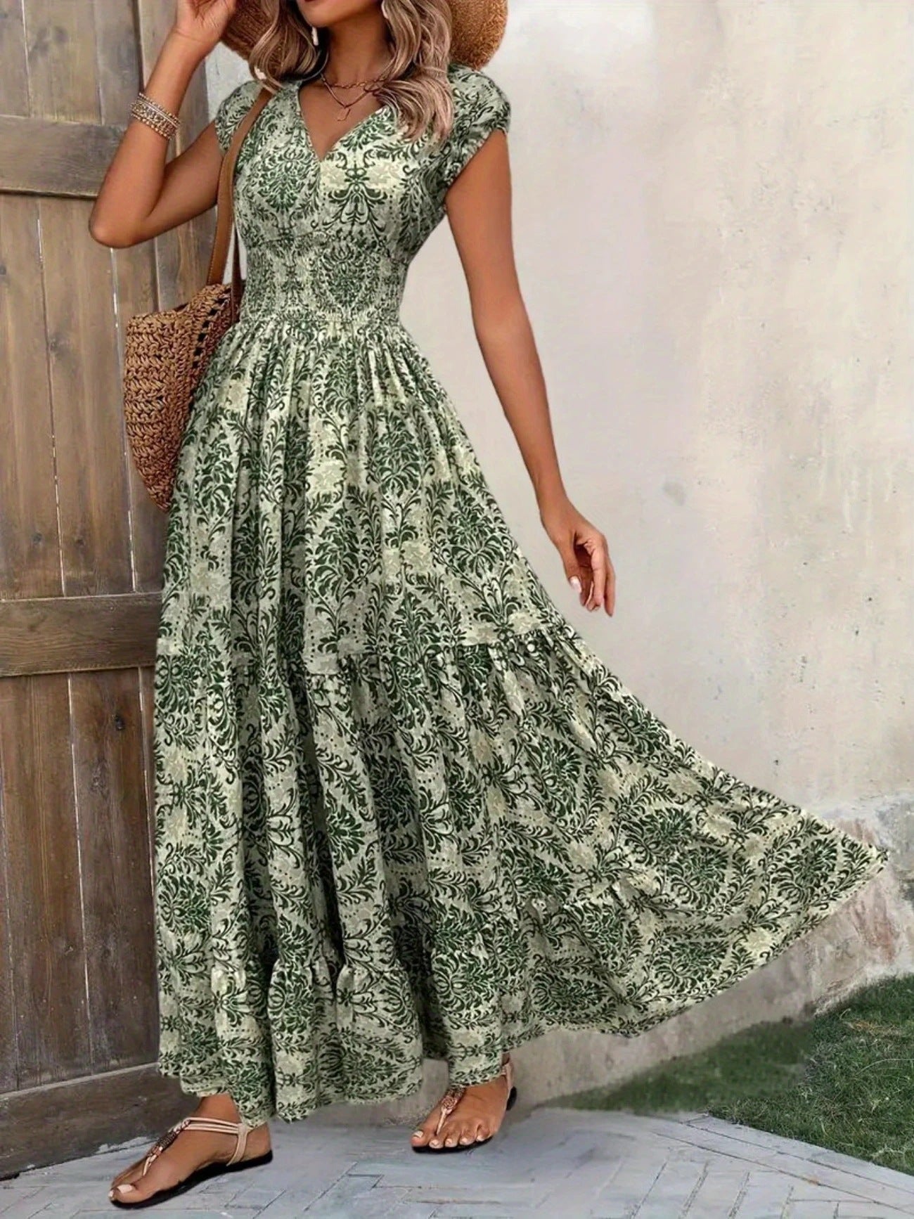 Printed V-neck Waist-tight Long Dress