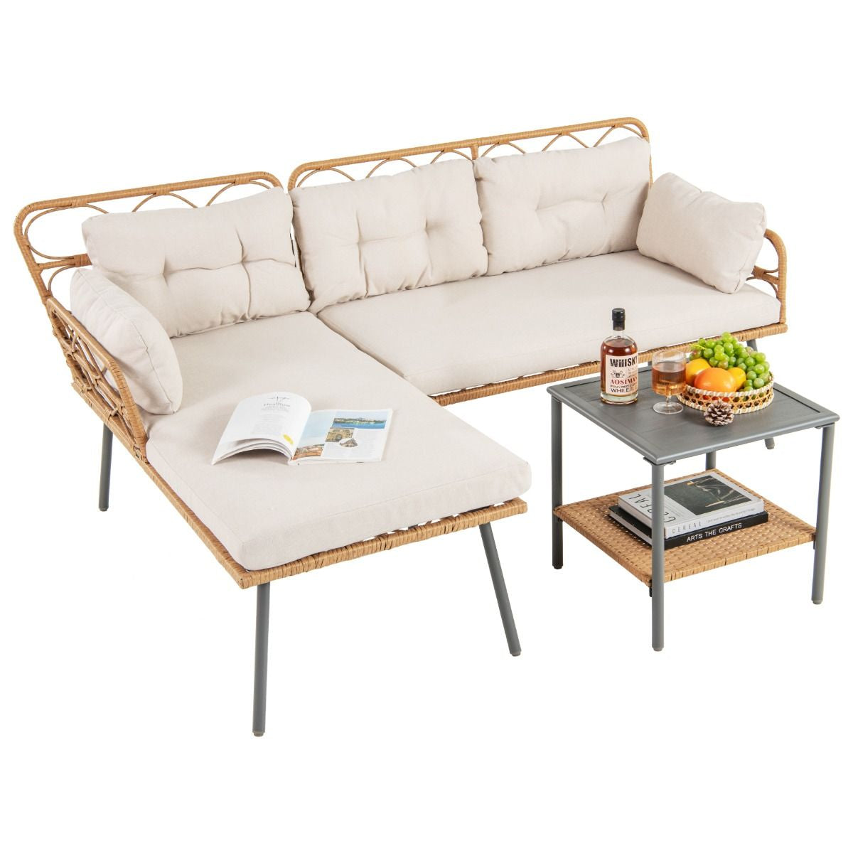3 Pieces PE Rattan L-Shaped Corner Patio Furniture Sofa Set with Coffee Table