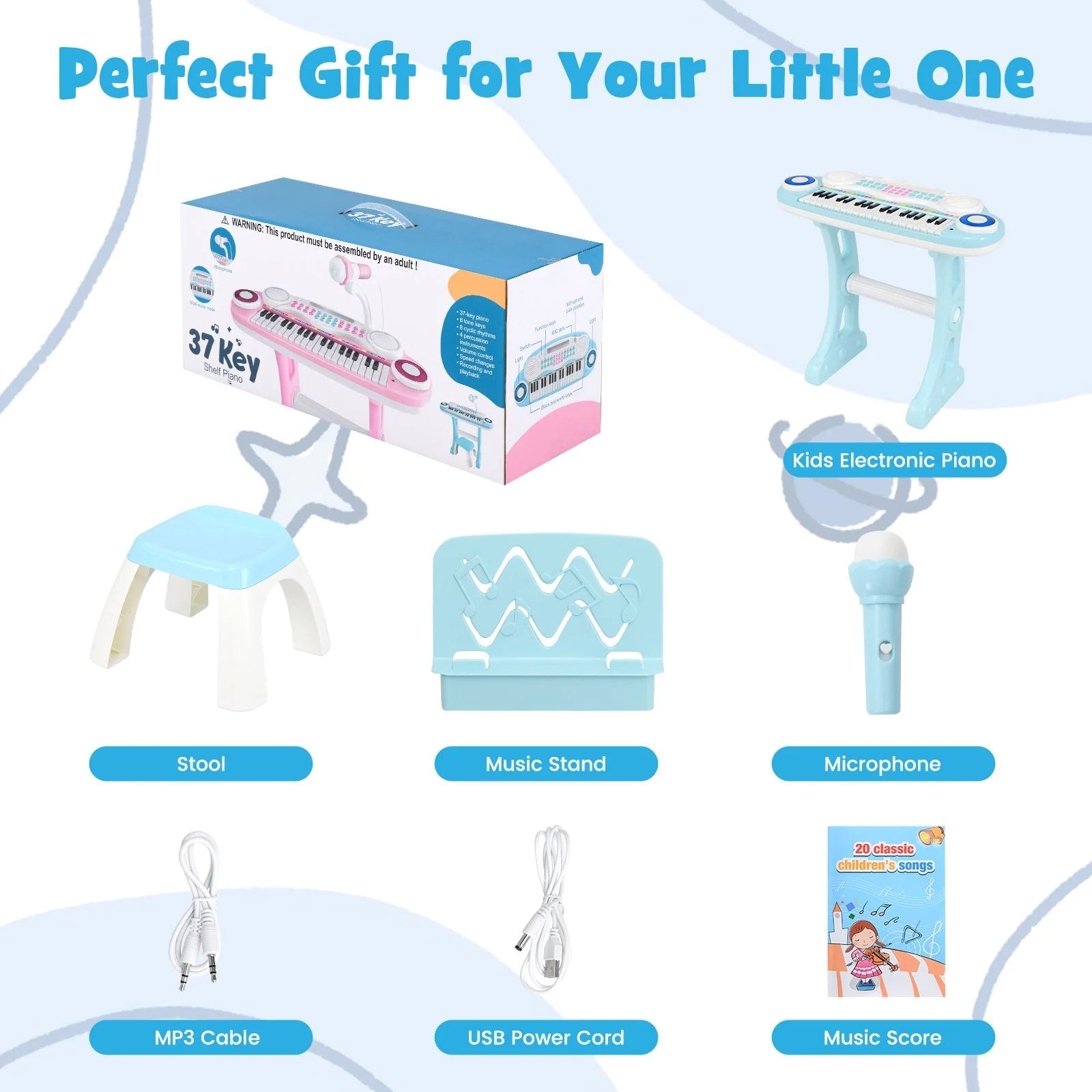 37 Keys Electronic Kids Piano Toy with Detachable Legs and Stool