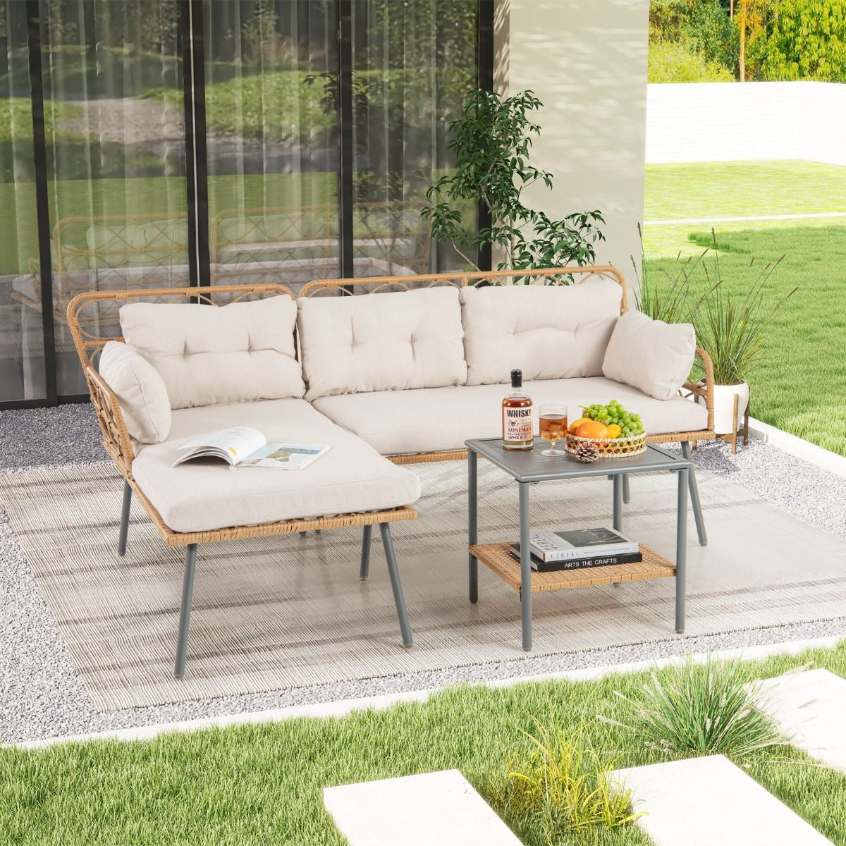 3 Pieces PE Rattan L-Shaped Corner Patio Furniture Sofa Set with Coffee Table