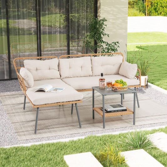3 Pieces PE Rattan L-Shaped Corner Patio Furniture Sofa Set with Coffee Table