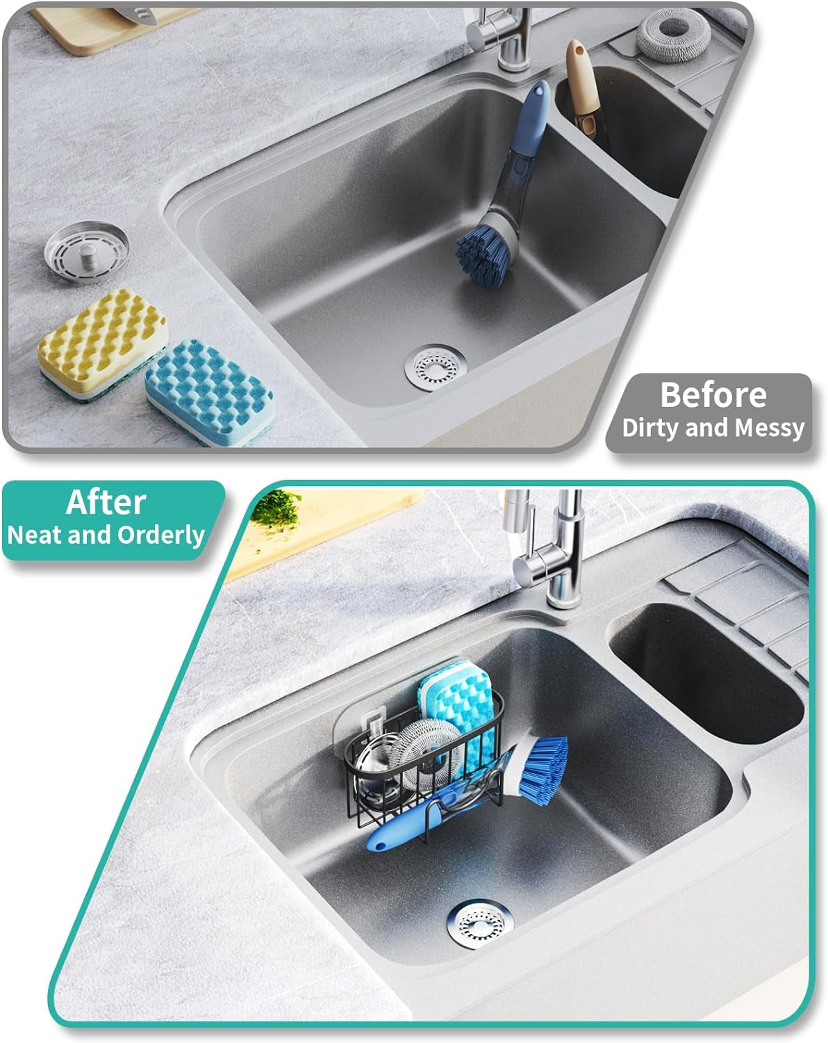 Stainless Steel Sponge Holder for Kitchen Sink, M-Shaped Tidy Storage No Drilling, Rustproof Caddy Organiser for Sponge Brush Stopper, with 2 Adhesives