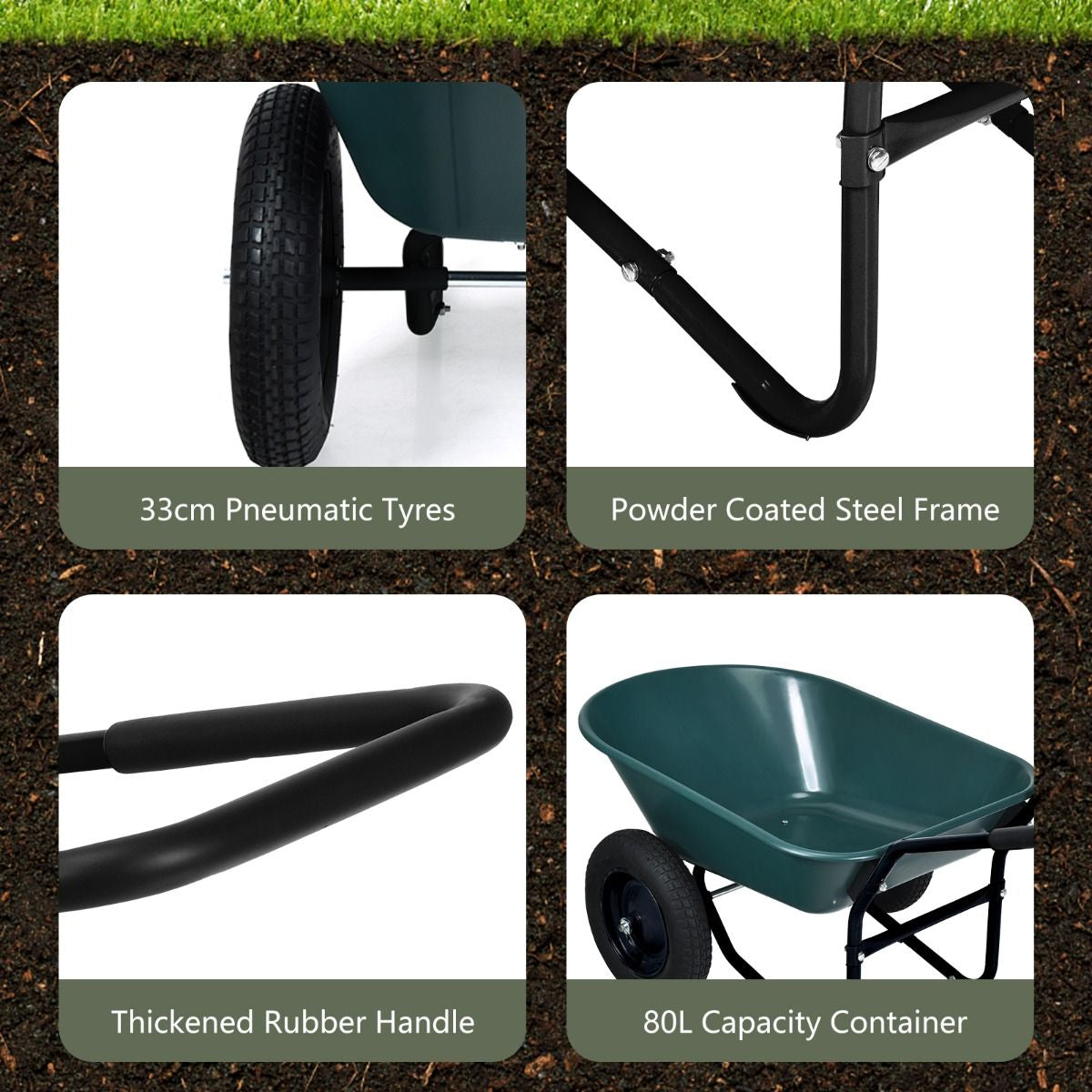 2-Wheeled Wheelbarrow with Pneumatic Tires and Handle