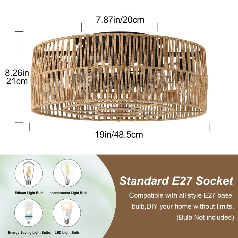 Socher 8 - Blade 48.5Cm Boho Rattan Caged Ceiling Fan with Light Kit and Remote Control