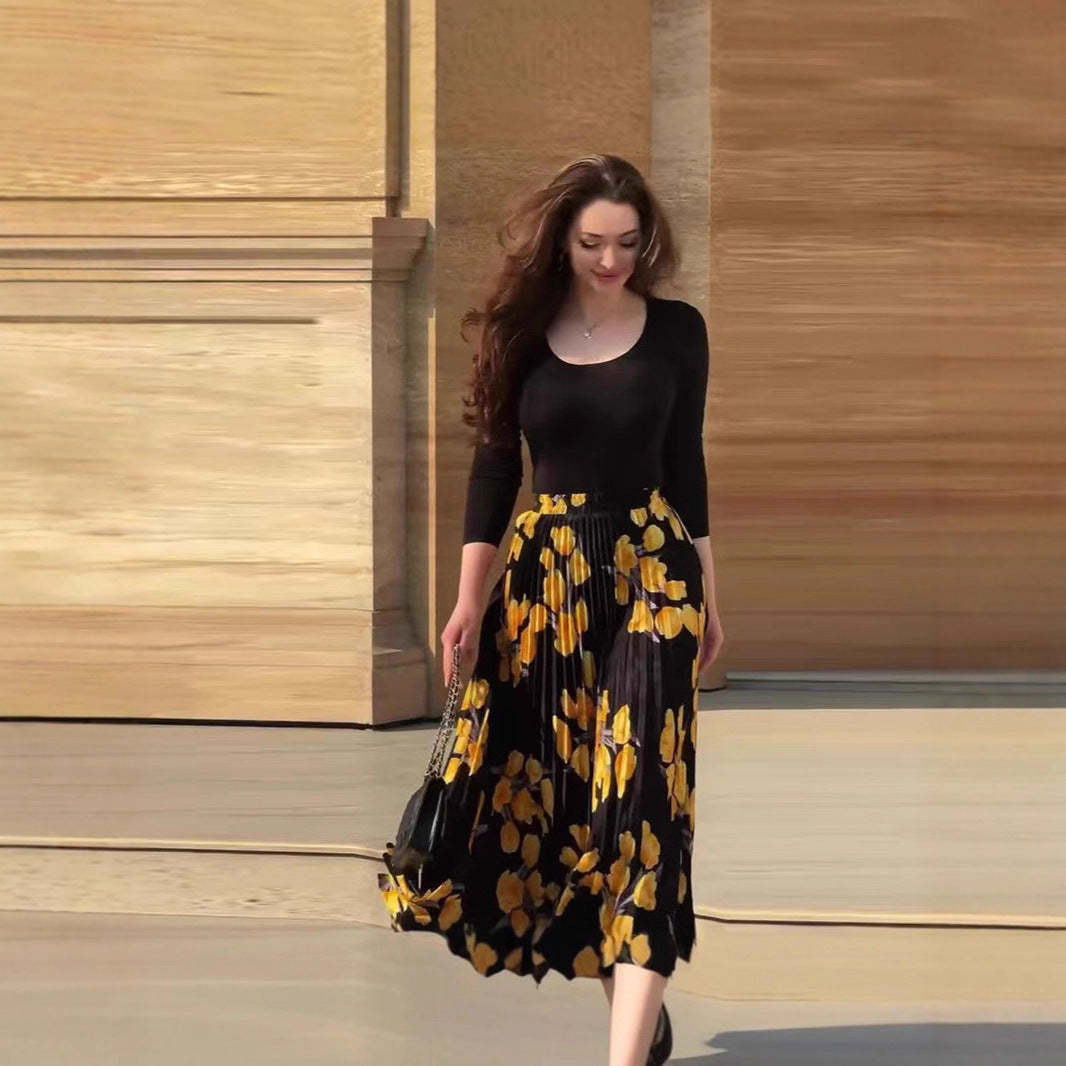 Women's New Long Sleeve U-neck Slim-fit Printed Skirt Two-piece Set