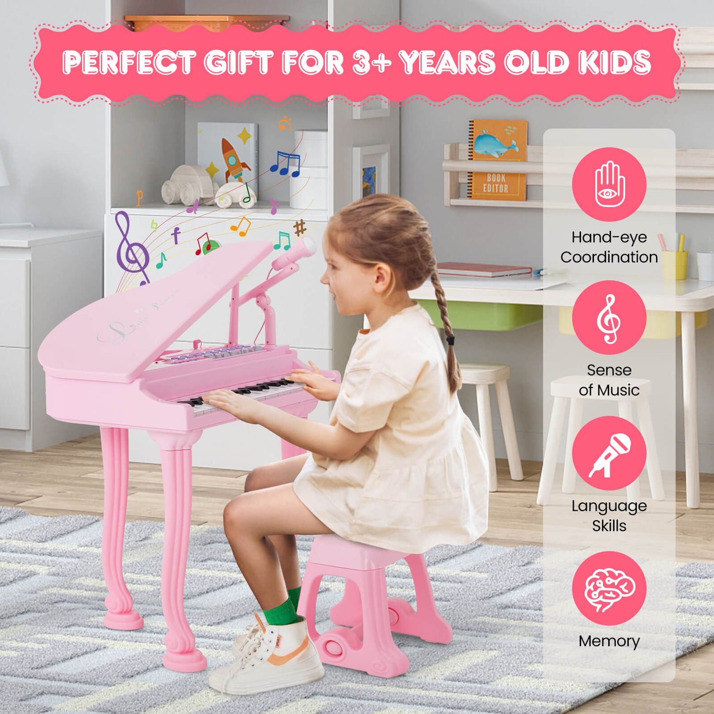 37-Key Kids Piano Keyboards with Microphone and Teaching Mode